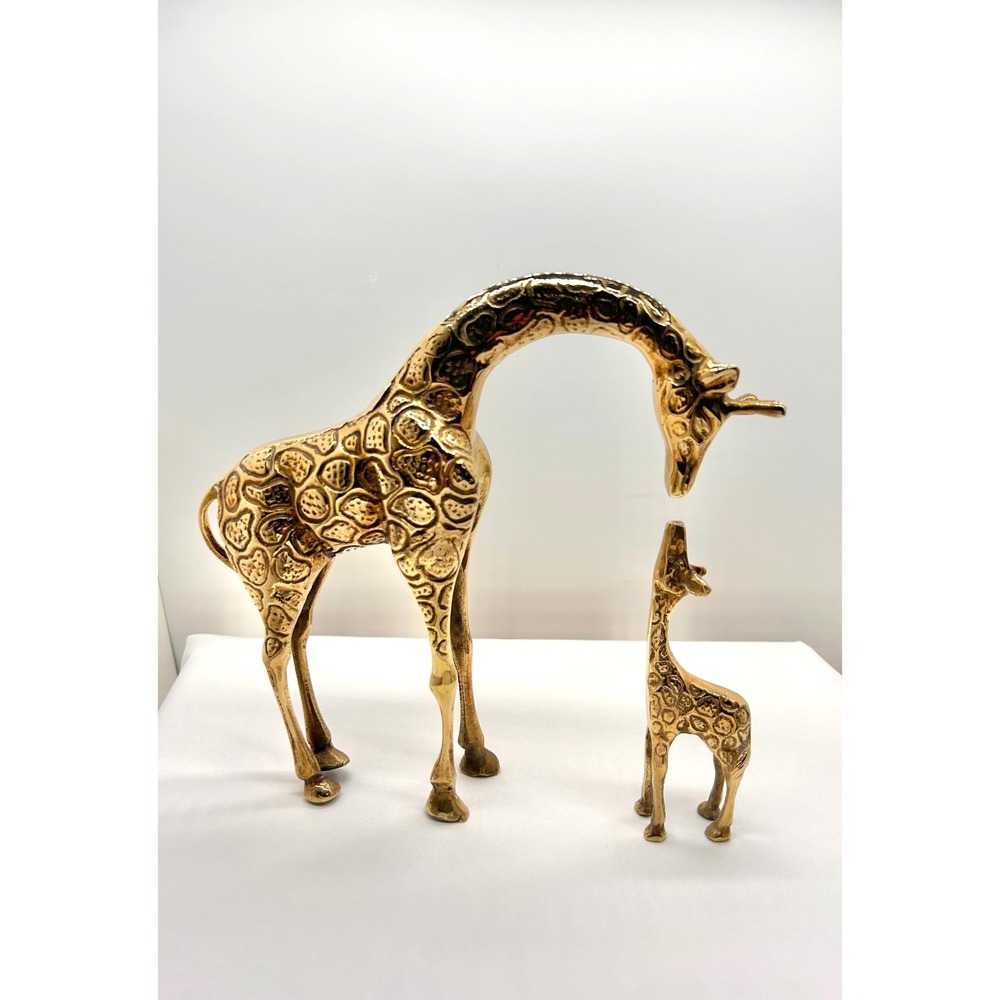 Vintage Polished Brass Giraffe Mother and Baby Figurine Set Gold Safari Decor